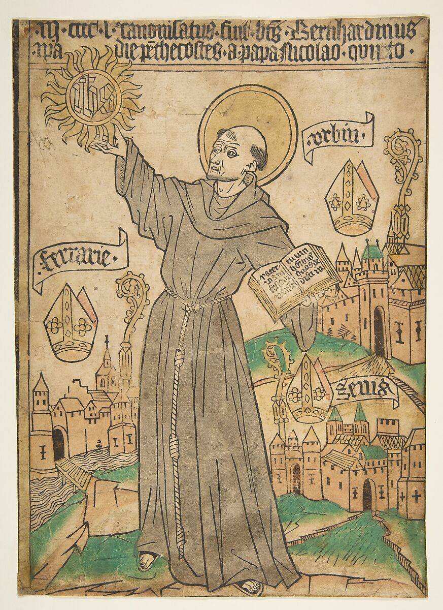 Saint Bernardino of Siena, Anonymous, German, Upper Germany, 15th century, Woodcut, hand-colored 
