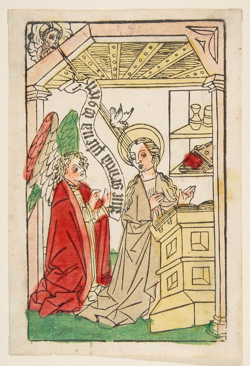 The Annunciation, Probably Anonymous, German, Swabia, 15th century, Woodcut, hand-colored 