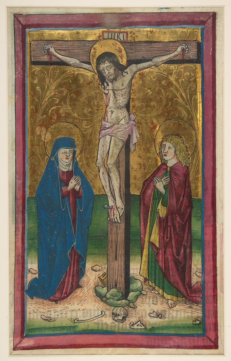 Christ on the Cross, Anonymous, German, Franconia, 15th century, Woodcut, hand-colored, printed on vellum, with tooled gold leaf 