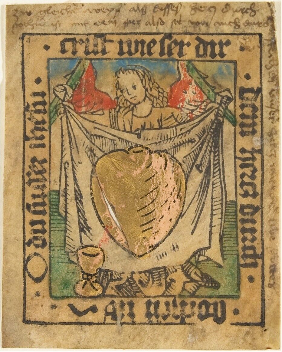 The Sacred Heart on a Cloth Held by an Angel, Anonymous, German, Nuremberg, 15th century, Woodcut, hand-colored, printed on vellum, with gold leaf 