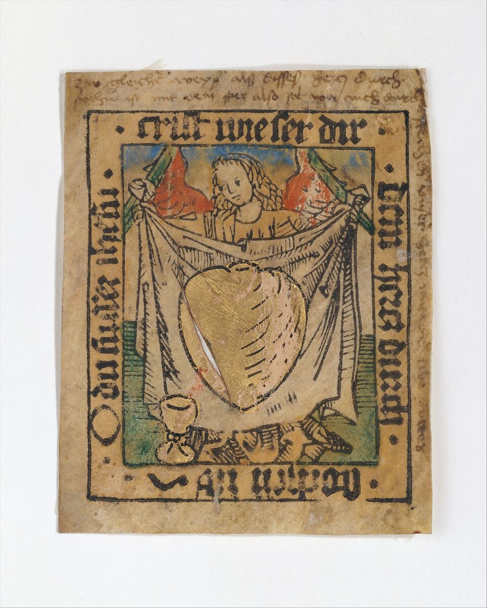 The Sacred Heart on a Cloth Held by an Angel, Anonymous, German, Nuremberg, 15th century, Woodcut, hand-colored, printed on vellum, with gold leaf