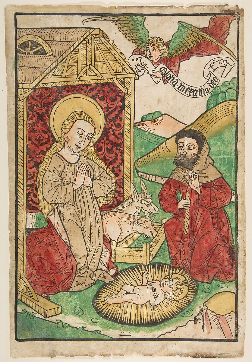 The Nativity, Wolfgang (German, Nuremberg, late 15th century), Woodcut, hand-colored 