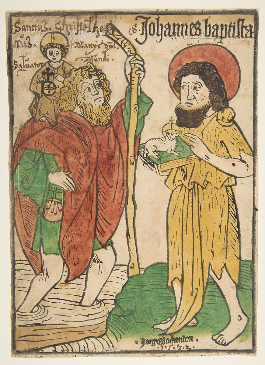 Saint Christopher and Saint John the Baptist, Jorg Glockendon (German, late 15th century), Woodcut, hand-colored 
