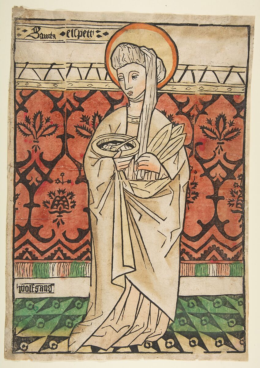 Saint Elizabeth of Hungary, Wolfgang (German, Nuremberg, late 15th century), Woodcut, hand-colored 