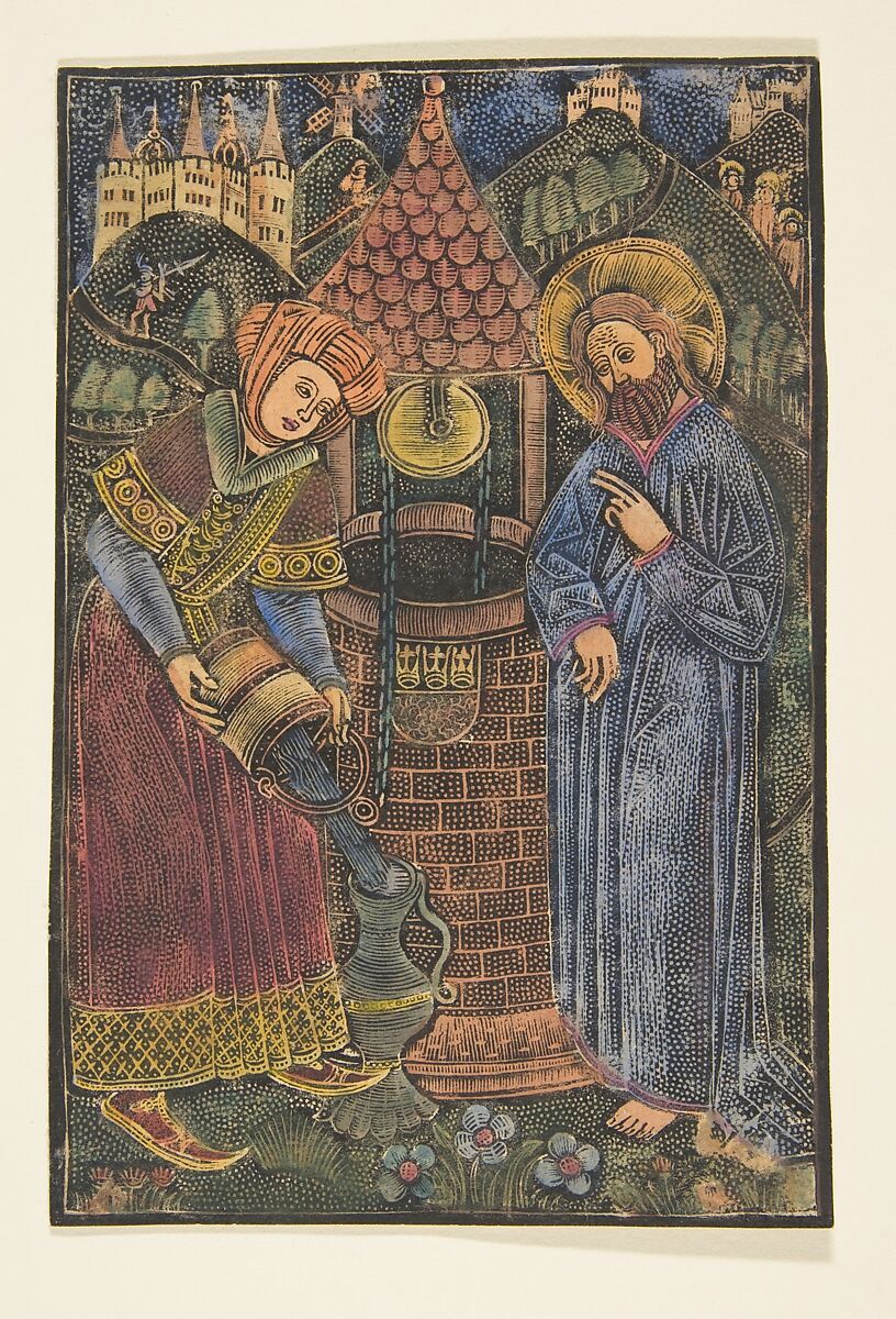 Christ and the Woman of Samaria (Schr. 2215), Master with the Cologne Arms (German, late 15th century), Metalcut with dot punch; hand-colored; mounted on fifteenth-century (?) type-printed page 