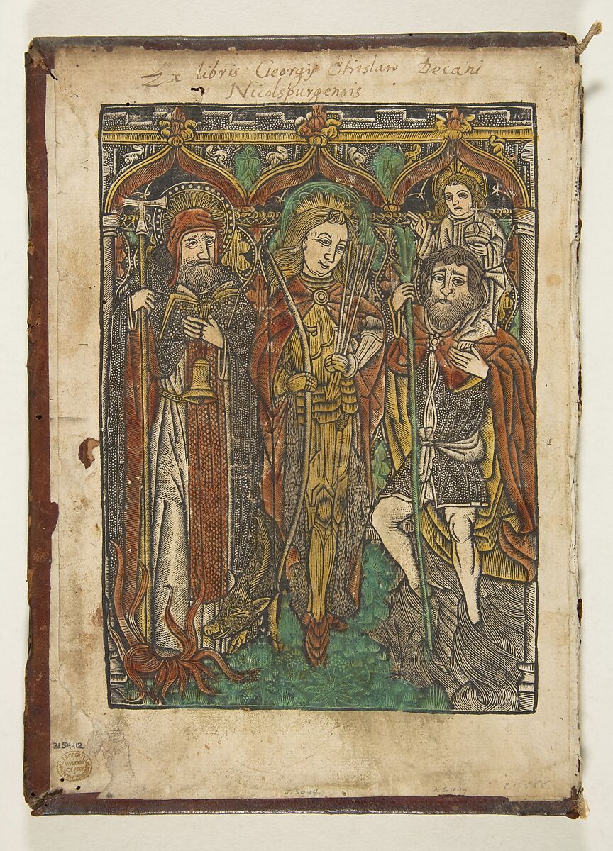 Saints Anthony, Sebastian and Christopher, Anonymous, German, Cologne, 15th century, Metalcut with dot punch, hand-colored; laid down on wooden book cover 