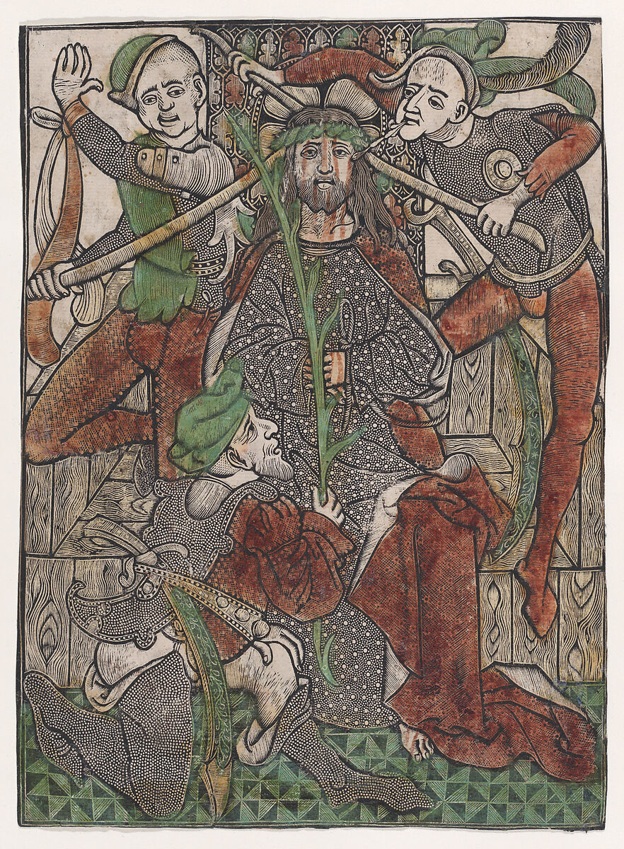 Christ Crowned with Thorns, Master of Jesus in Bethany (Netherlandish, late 15th century), Metalcut with one star and several dot punches; hand-colored