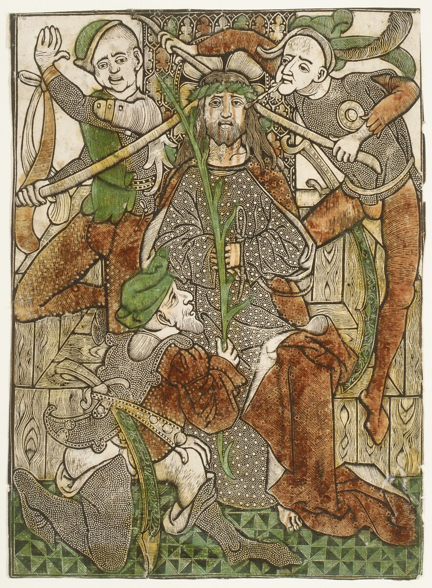 Christ Crowned with Thorns, Master of Jesus in Bethany (Netherlandish, late 15th century), Metalcut with one star and several dot punches; hand-colored 