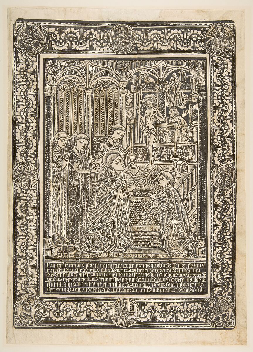 The Mass of Saint Gregory, Master of the Church Fathers&#39; Border (German, late 15th century), Metalcut with traces of hand-coloring; second state 