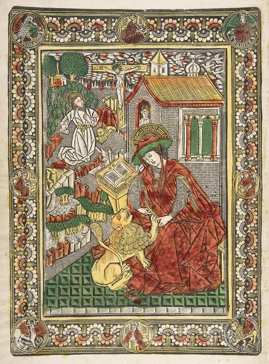 Saint Jerome in Penitence and as a Scholar Removing a Thorn from a Lion's Paw, Master of the Church Fathers&#39; Border (German, late 15th century), Metalcut, hand-colored, with circle, fleur-de-lis, star, and dot punches; second state 