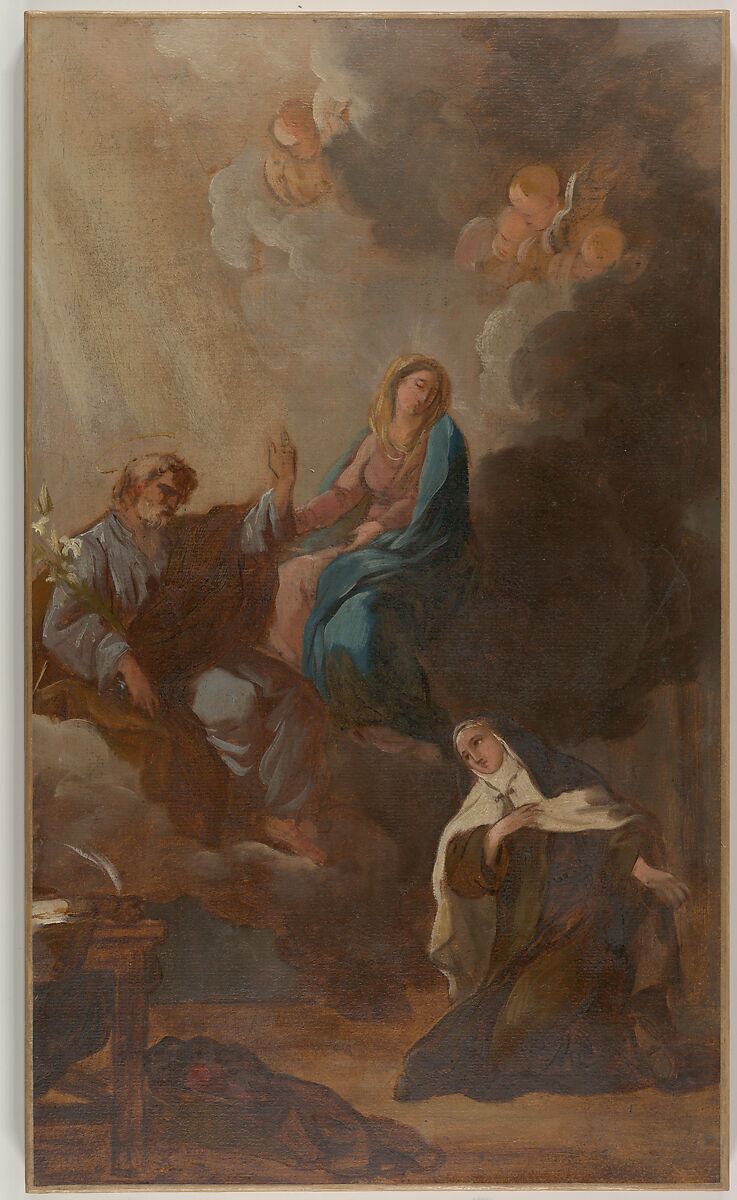 The Virgin Placing St. Teresa of Avila Under the Protection of St. Joseph, François Guillaume Ménageot  French, Oil paint over pen and brown ink, on paper, mounted on canvas