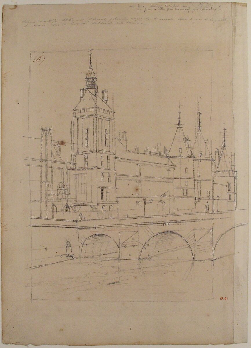 The Clock Tower, Charles Meryon (French, 1821–1868), Graphite with red chalk on laid paper (a narrow strip added at right)
