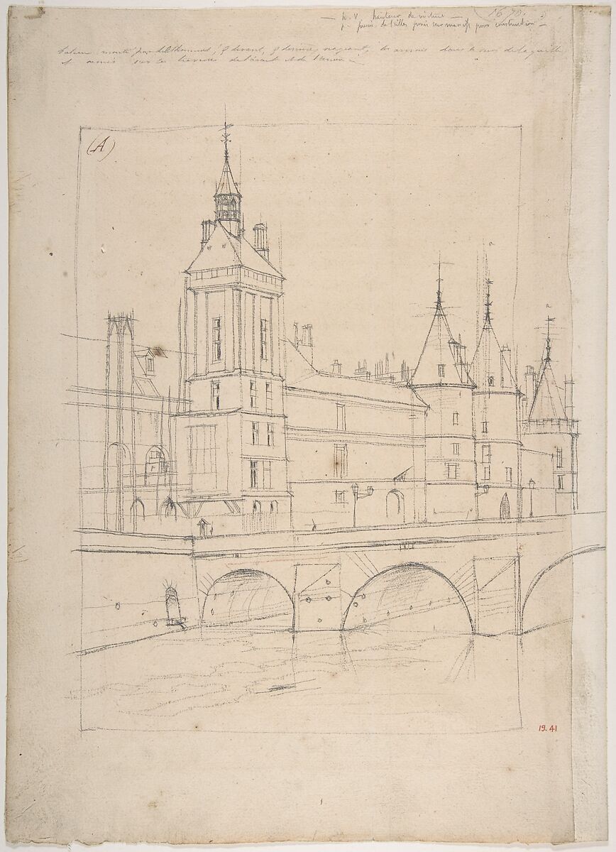The Clock Tower, Charles Meryon (French, 1821–1868), Graphite with red chalk on laid paper (a narrow strip added at right) 