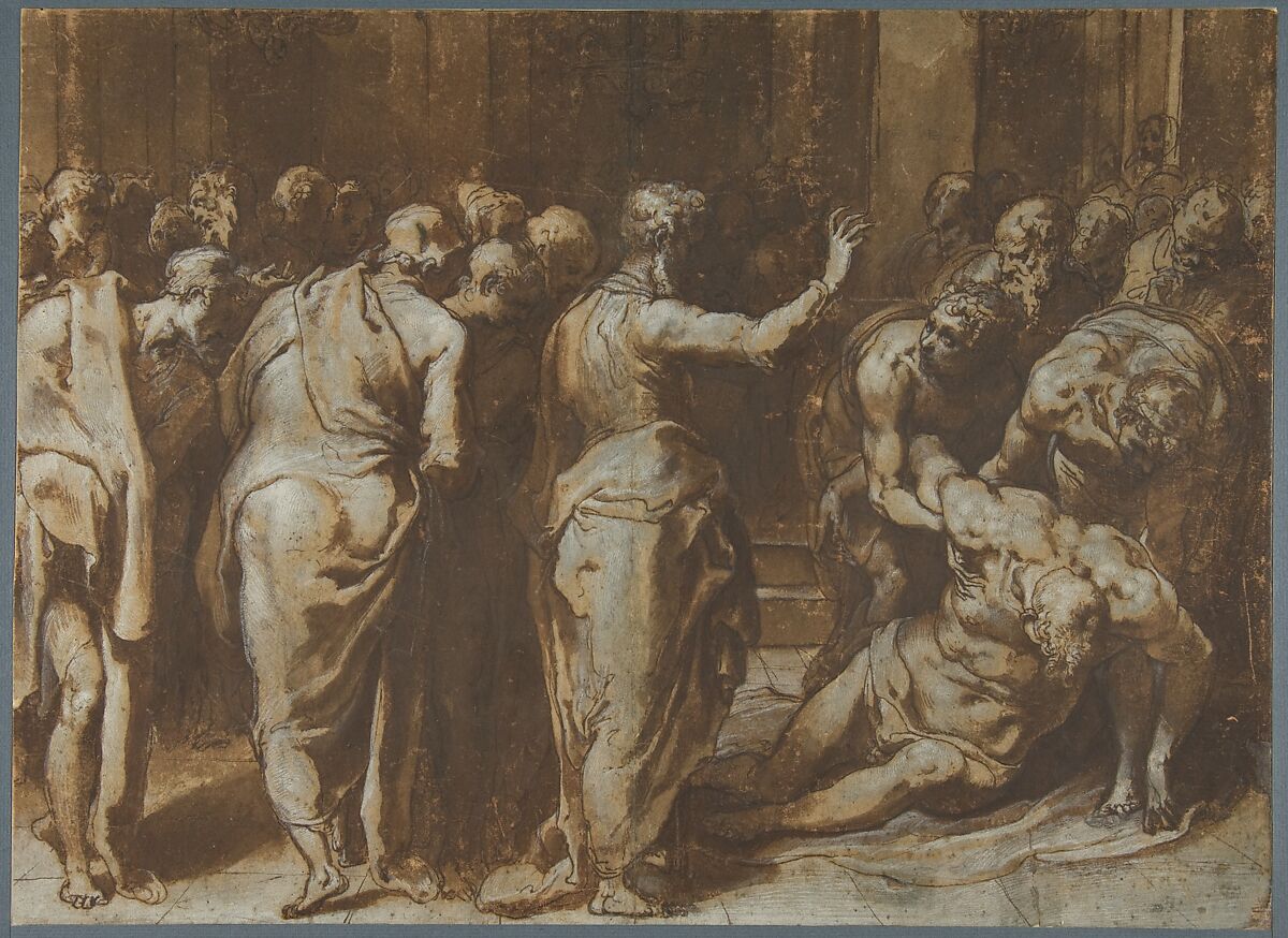 Saint Paul Restoring Eutychus to Life, Taddeo Zuccaro (Italian, Sant&#39;Angelo in Vado 1529–1566 Rome), Pen and brown ink, brush and brown wash, heightened with white gouache, over black chalk, on gray  paper 