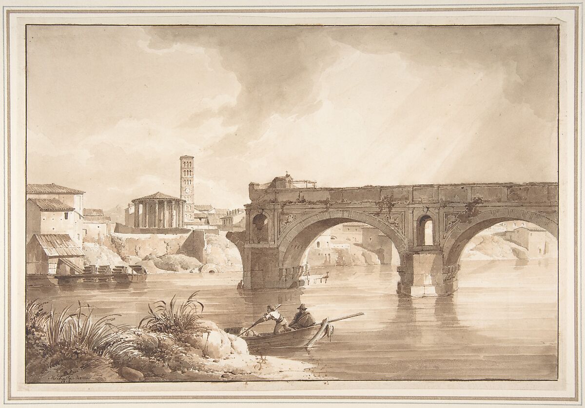 A View of the Tiber from the North Bank, with the Temple of Vesta, the Campanile of S. Maria in Cosmedin and the Ponte Rotto, Achille-Etna Michallon (French, Paris 1796–1822 Paris), Brush and brown wash over traces of  black chalk. Framing lines in pen and brown ink. 