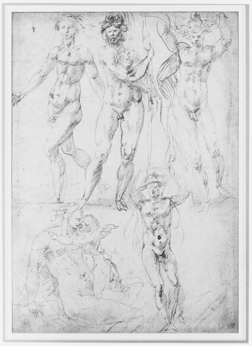Studies for a Nude Woman Seen from the Front (recto); Four Standing Male Nudes, Venus, and Cupid (verso), Anonymous, Italian, Florentine, 16th century, Pen and brown ink