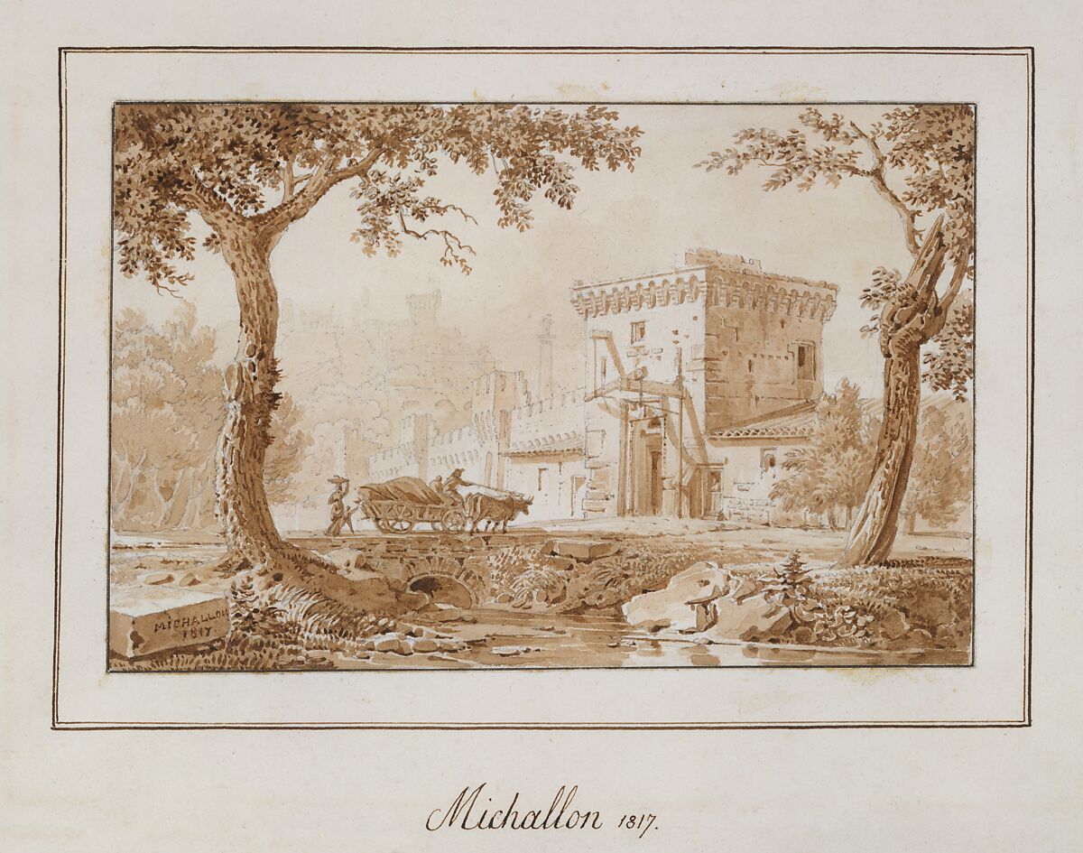 Oxcart Approaching a Fortified Building, Achille-Etna Michallon (French, Paris 1796–1822 Paris), Point of brush and brown wash, over graphite