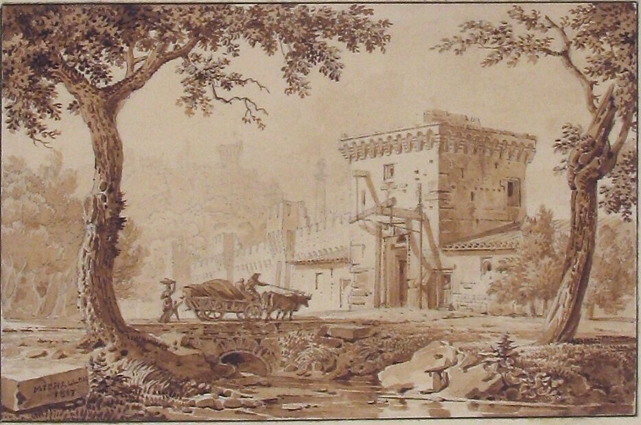 Oxcart Approaching a Fortified Building, Achille-Etna Michallon (French, Paris 1796–1822 Paris), Point of brush and brown wash, over graphite