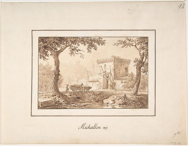 Oxcart Approaching a Fortified Building
