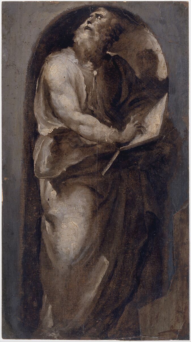 Saint Matthew, Domenico Beccafumi (Italian, Cortine in Valdibiana Montaperti 1484–1551 Siena), Brush with brown, beige, and cream-colored tempera and emulsion, on paper.