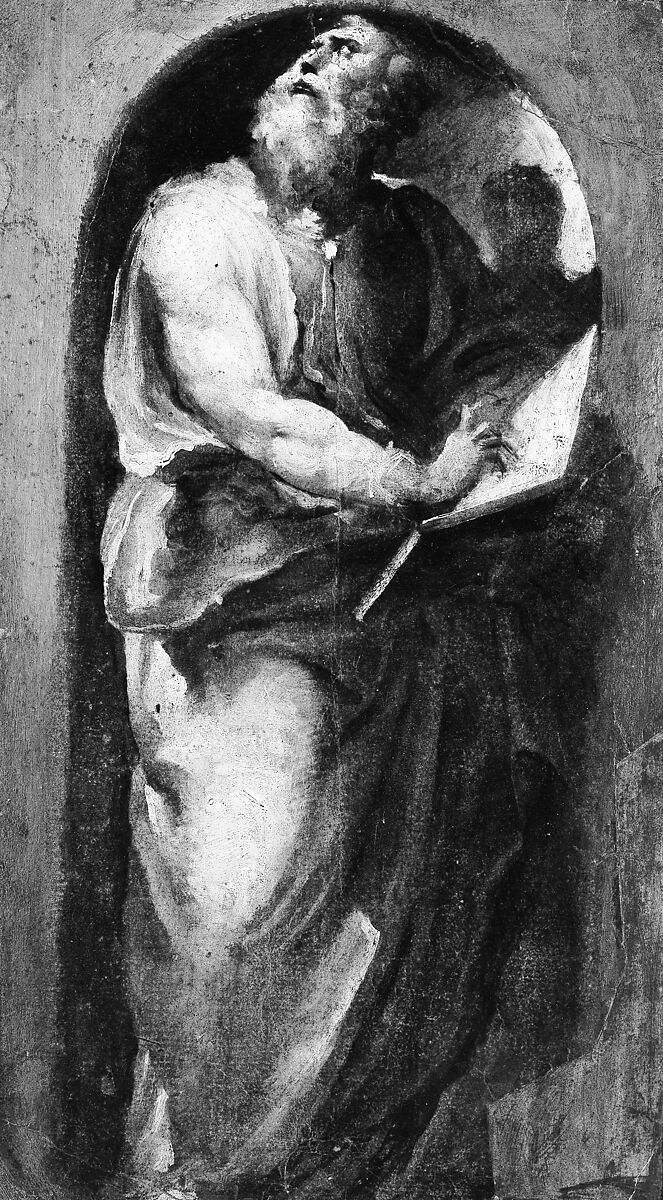 Saint Matthew, Domenico Beccafumi (Italian, Cortine in Valdibiana Montaperti 1484–1551 Siena), Brush with brown, beige, and cream-colored tempera and emulsion, on paper.