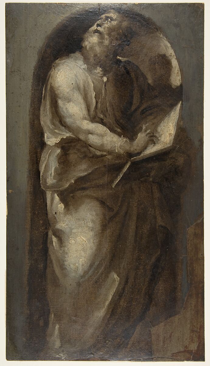 Saint Matthew, Domenico Beccafumi (Italian, Cortine in Valdibiana Montaperti 1484–1551 Siena), Brush with brown, beige, and cream-colored tempera and emulsion, on paper. 