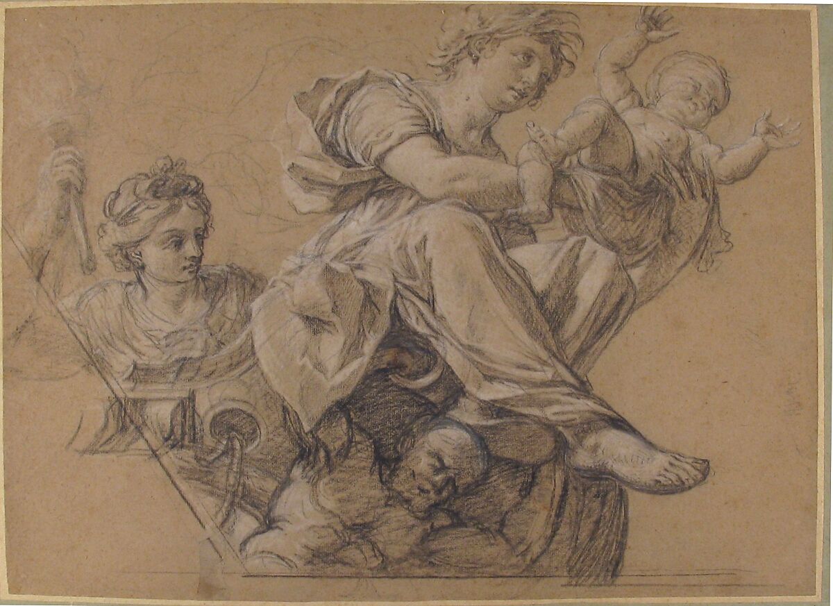 Allegorical Figures for a Ceiling Decoration, Michel Corneille the Elder (French, Orléans 1602–1664 Paris), Black chalk, heightened with white chalk, on beige paper.