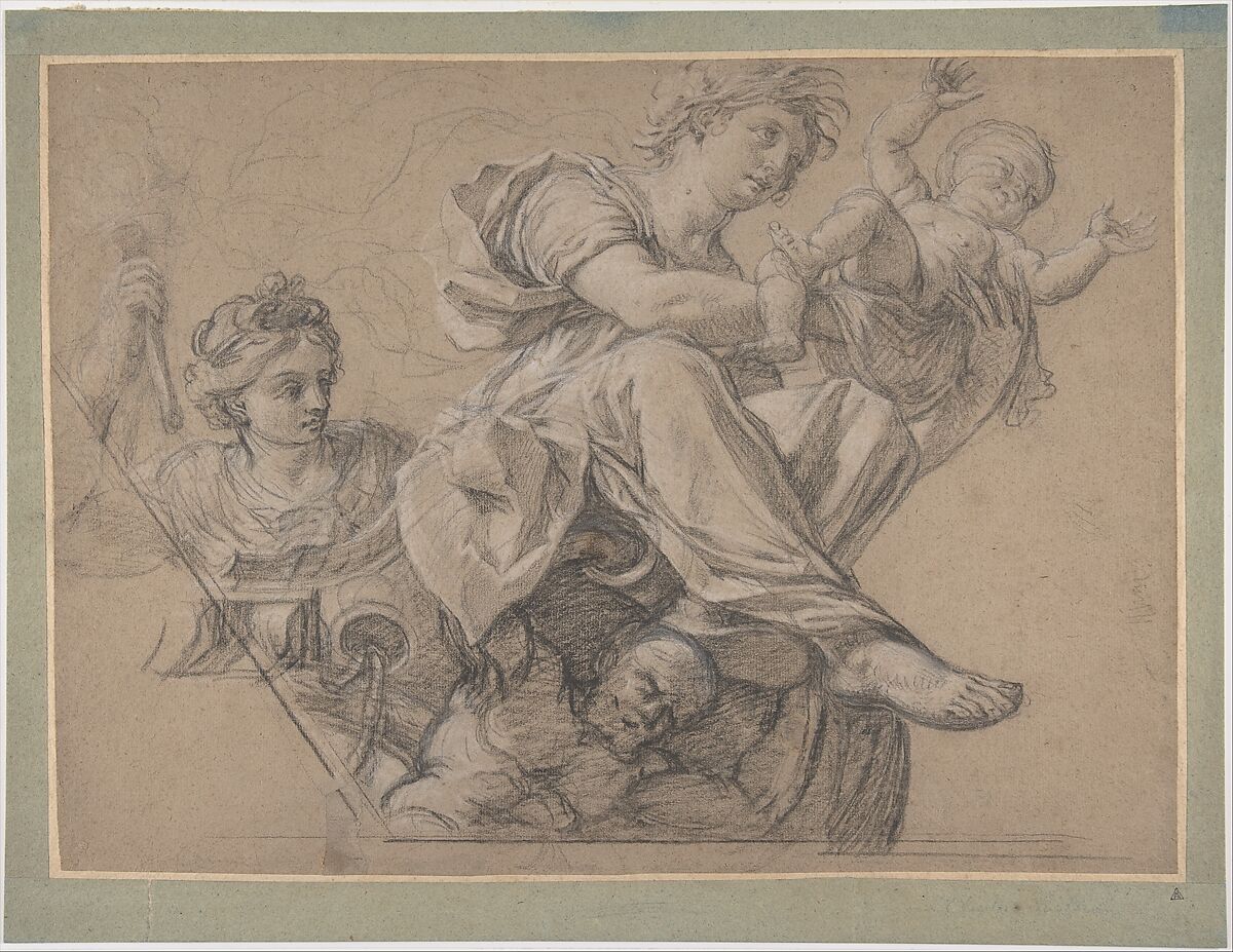 Allegorical Figures for a Ceiling Decoration, Michel Corneille the Elder (French, Orléans 1602–1664 Paris), Black chalk, heightened with white chalk, on beige paper. 