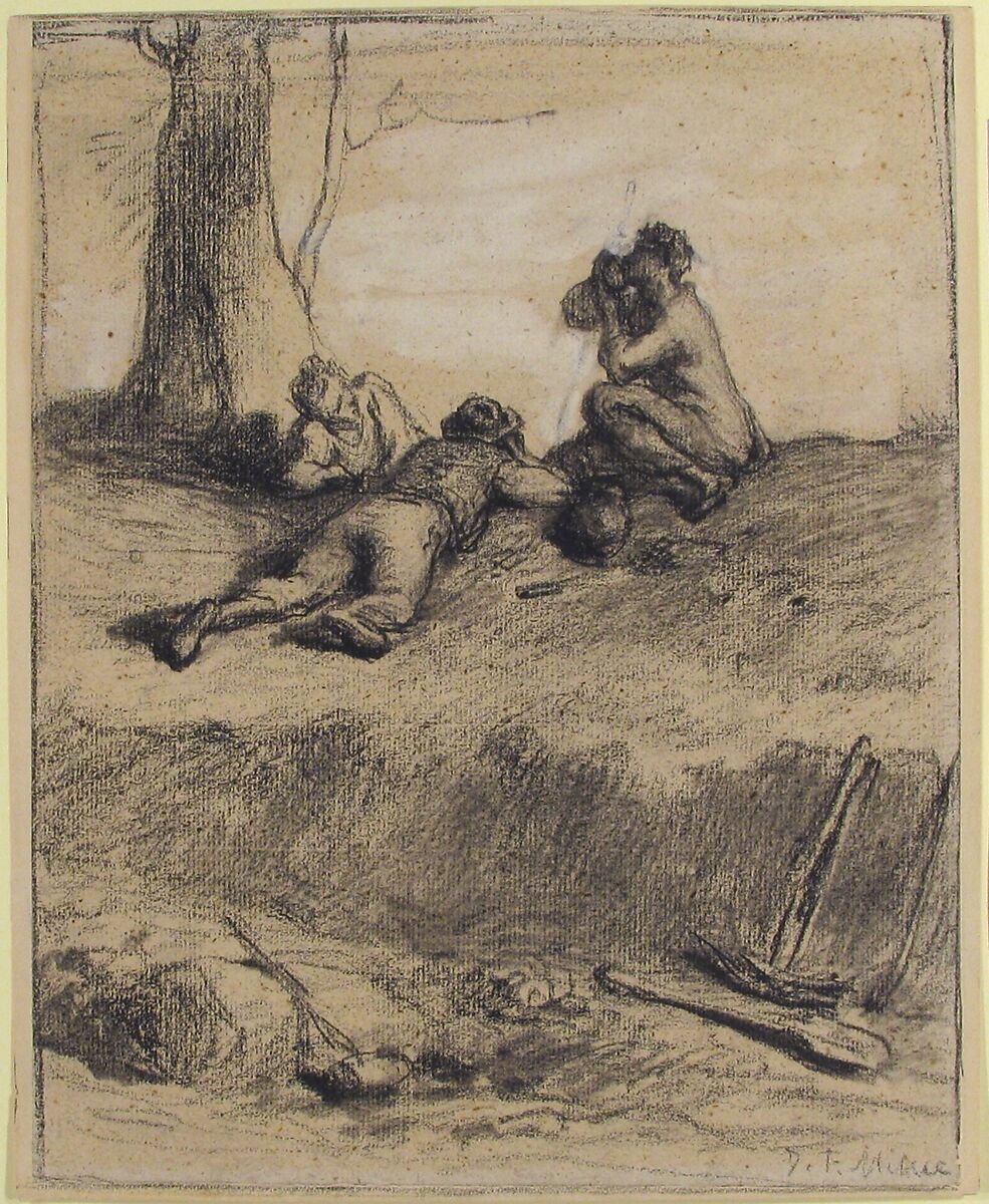 Roadworkers at Lunch, Jean-François Millet (French, Gruchy 1814–1875 Barbizon), Conté crayon with stumping, heightened with white gouache, on laid paper