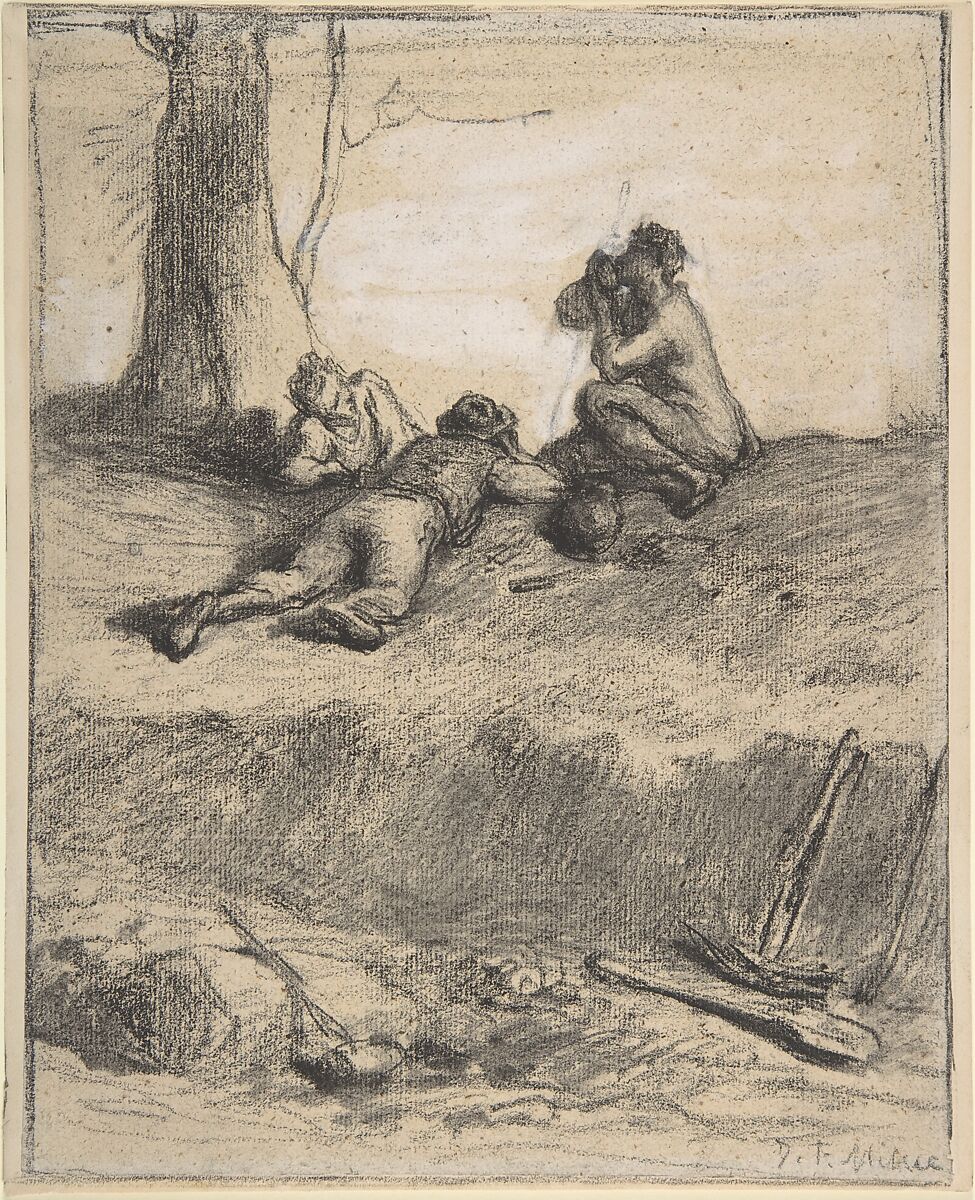 Roadworkers at Lunch, Jean-François Millet (French, Gruchy 1814–1875 Barbizon), Conté crayon with stumping, heightened with white gouache, on laid paper 