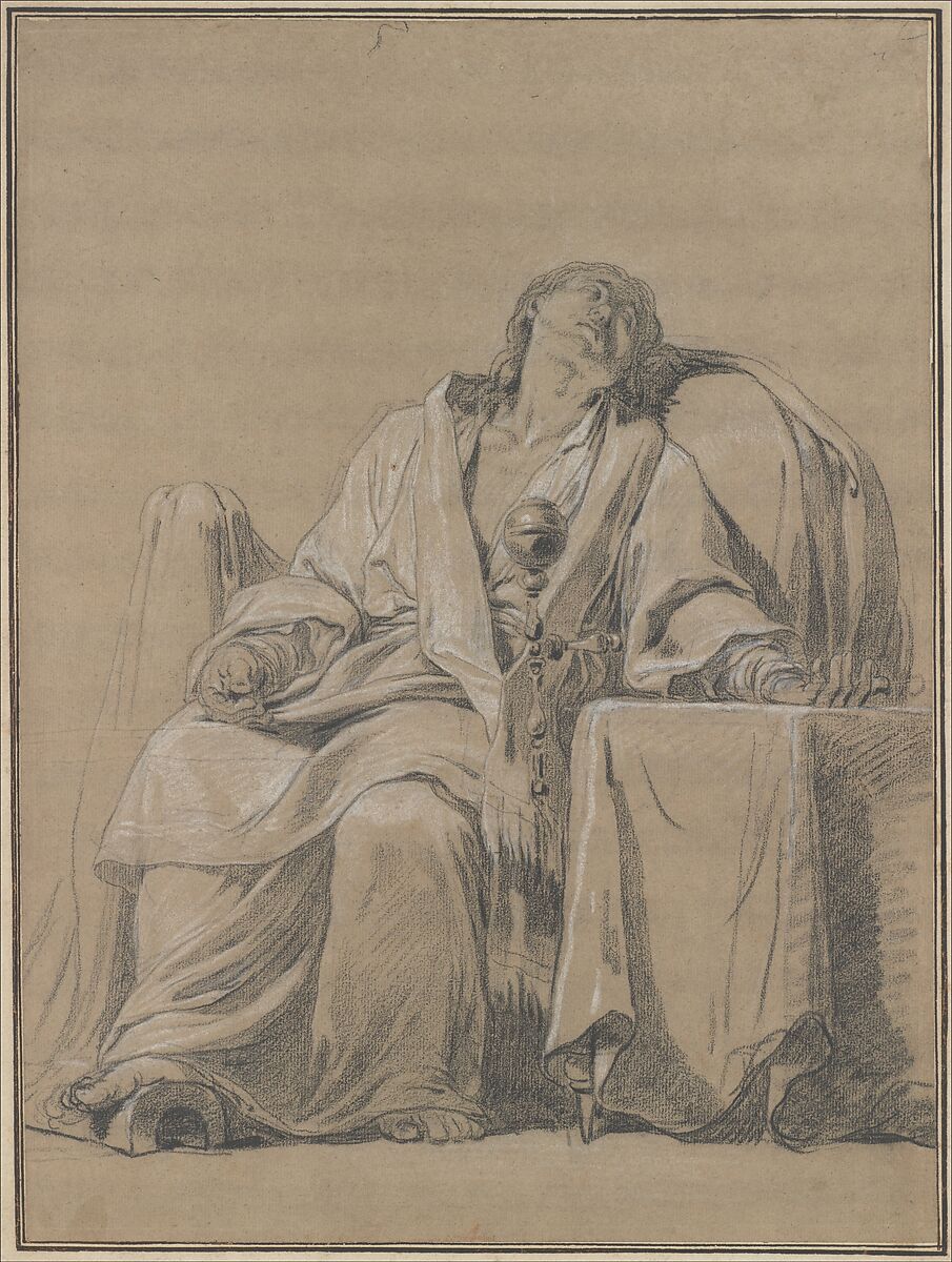 Youth Sleeping in a Chair, François André Vincent  French, Black chalk, heightened with white on brownish paper