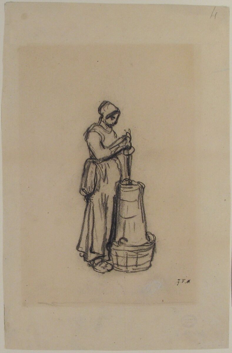 Woman with a Churn, Jean-François Millet (French, Gruchy 1814–1875 Barbizon), Conté crayon on wove paper