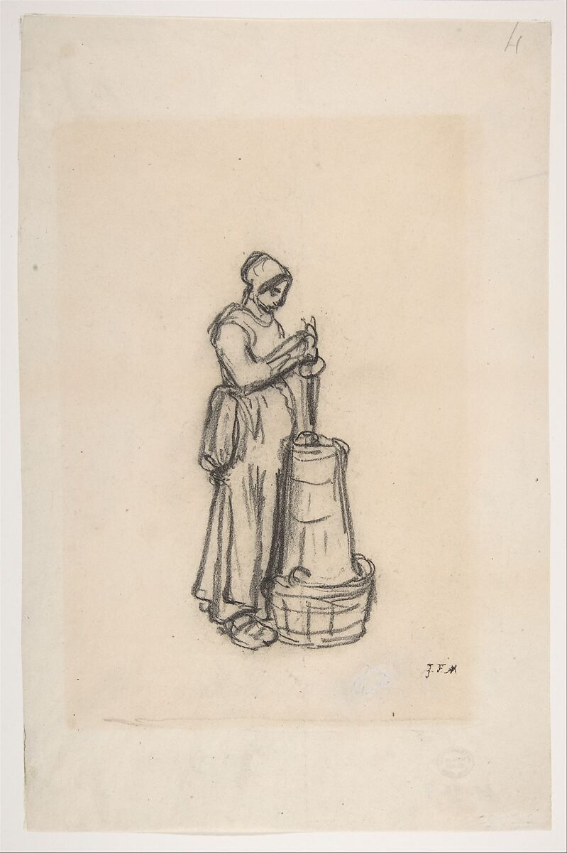 Woman with a Churn, Jean-François Millet (French, Gruchy 1814–1875 Barbizon), Conté crayon on wove paper 