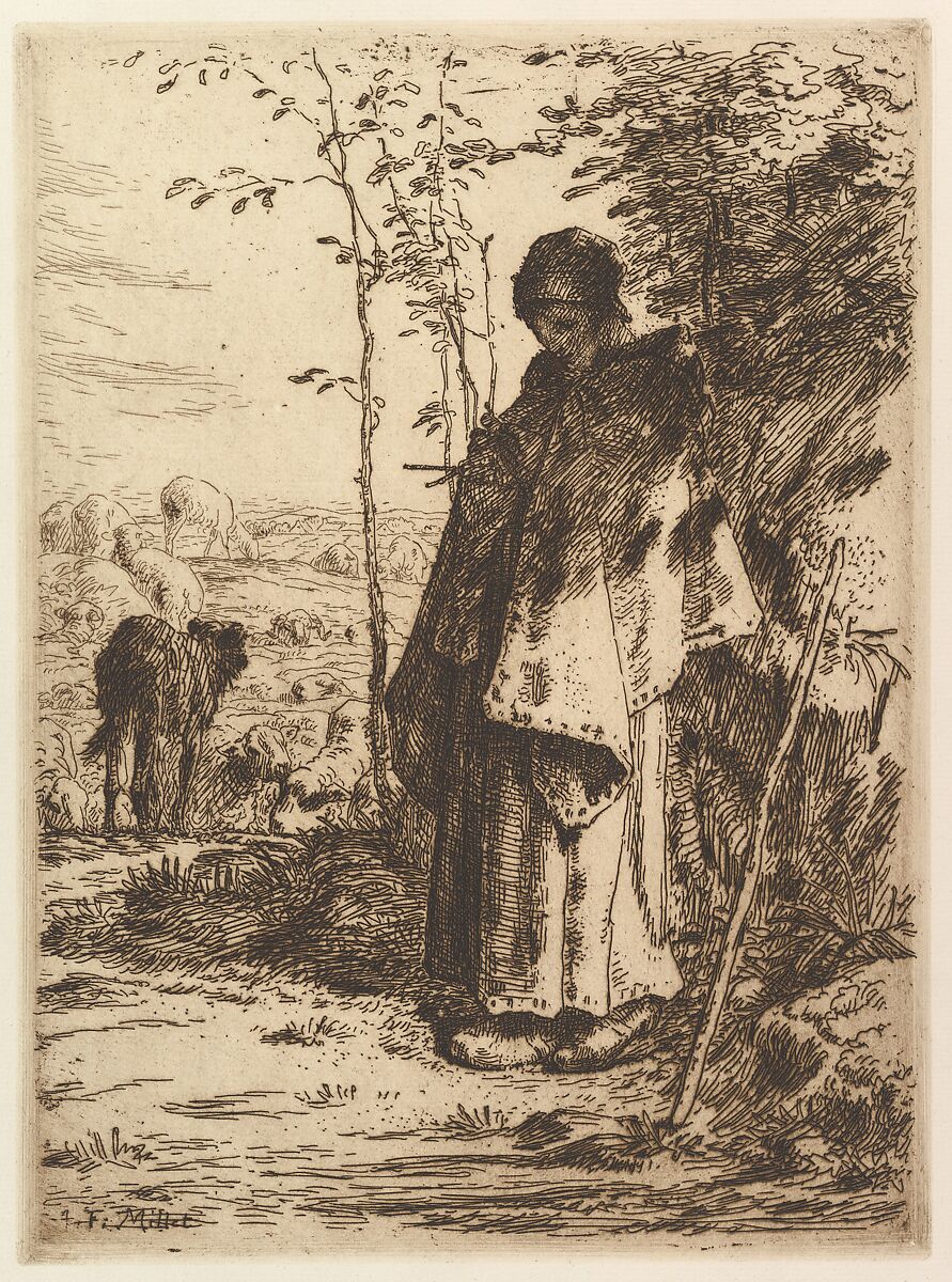 Shepherdess Knitting, Jean-François Millet (French, Gruchy 1814–1875 Barbizon), Etching in brown ink on laid paper; only state 