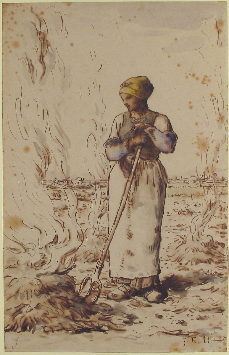 A Woman Burning Weeds, Jean-François Millet (French, Gruchy 1814–1875 Barbizon), Pen and brown (iron gall) ink, watercolor and wash over graphite on laid paper