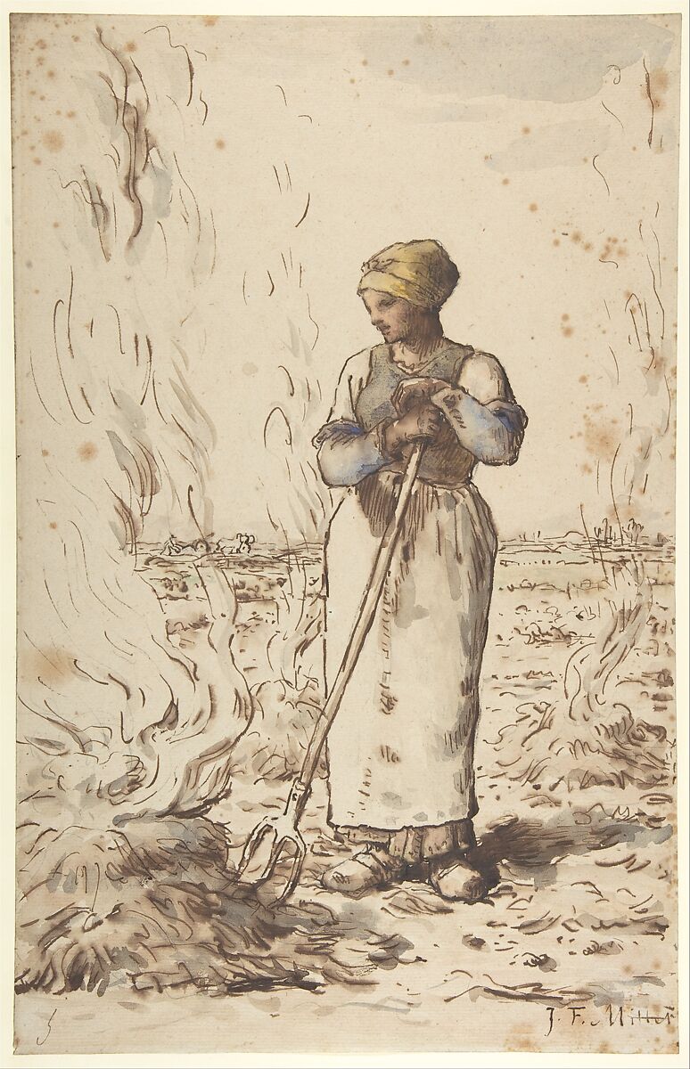 A Woman Burning Weeds, Jean-François Millet (French, Gruchy 1814–1875 Barbizon), Pen and brown (iron gall) ink, watercolor and wash over graphite on laid paper 