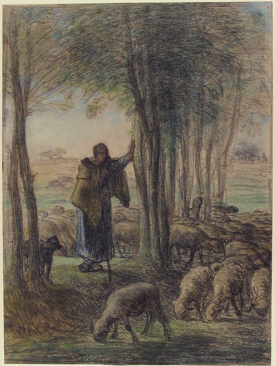 A Shepherdess and Her Flock in the Shade of Trees, Jean-François Millet (French, Gruchy 1814–1875 Barbizon), Conté crayon and pastel on laid paper