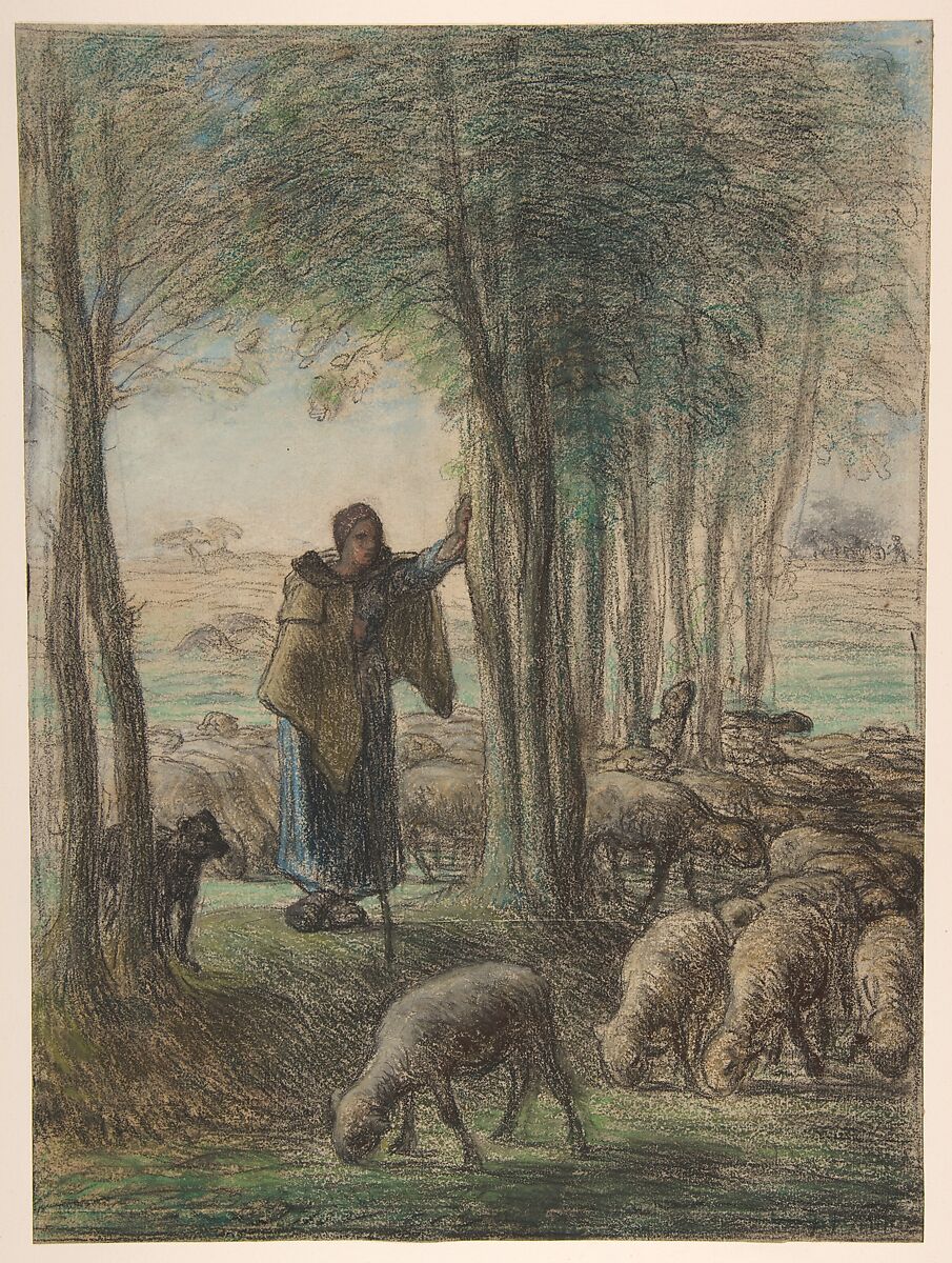 A Shepherdess and Her Flock in the Shade of Trees, Jean-François Millet (French, Gruchy 1814–1875 Barbizon), Conté crayon and pastel on laid paper 