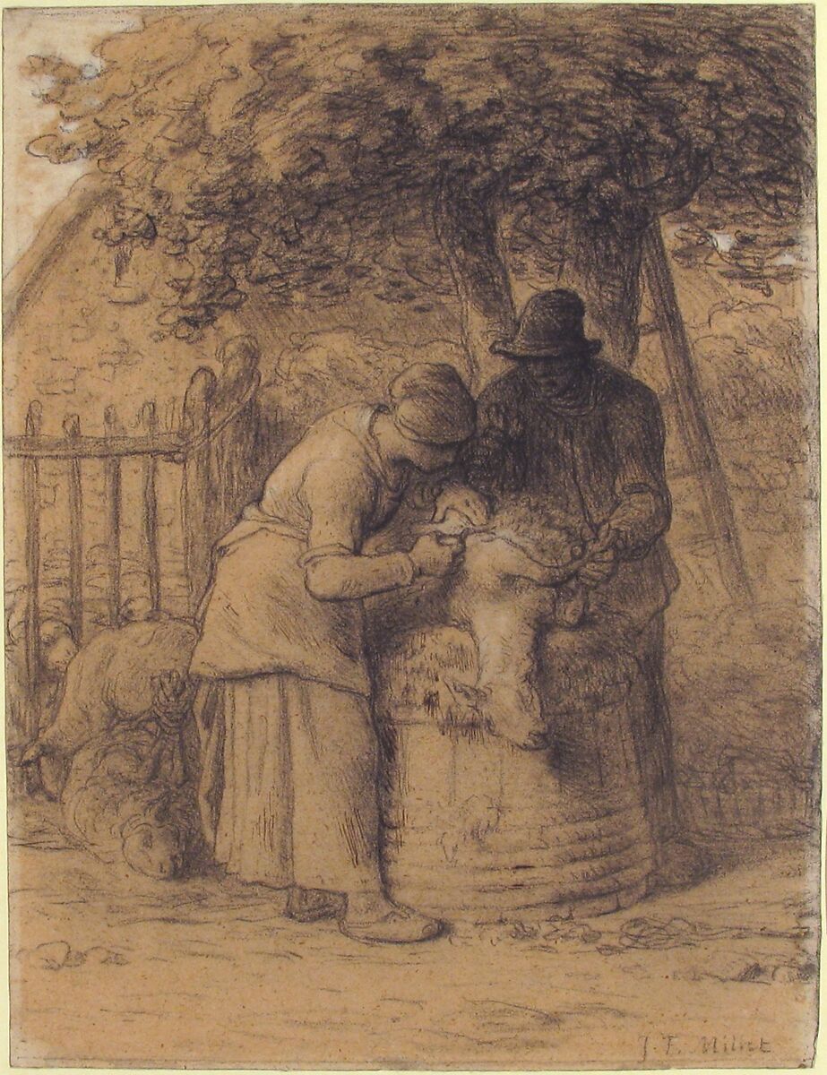 Sheepshearing Beneath a Tree, Jean-François Millet (French, Gruchy 1814–1875 Barbizon), Conté crayon with stumping, heightened with pen and brown ink and white gouache on wove paper