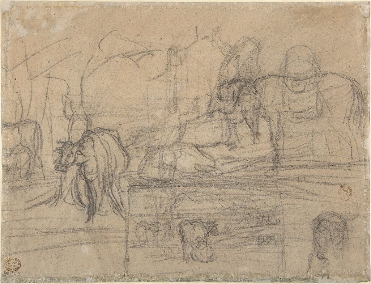 Sheepshearing Beneath a Tree, Jean-François Millet (French, Gruchy 1814–1875 Barbizon), Conté crayon with stumping, heightened with pen and brown ink and white gouache on wove paper