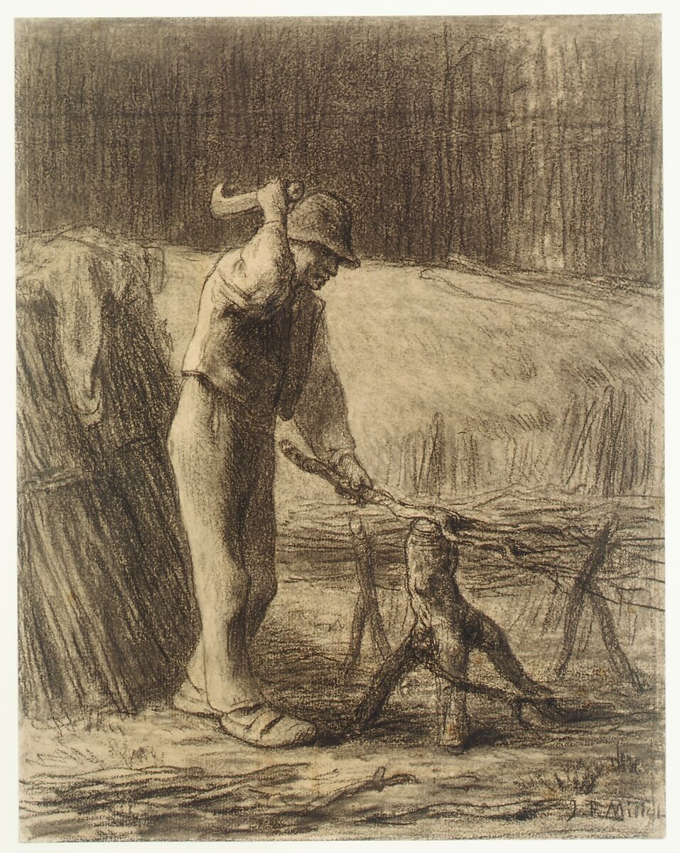Woodcutter Trimming Faggots, Jean-François Millet (French, Gruchy 1814–1875 Barbizon), Conté crayon with stumping on beige laid paper