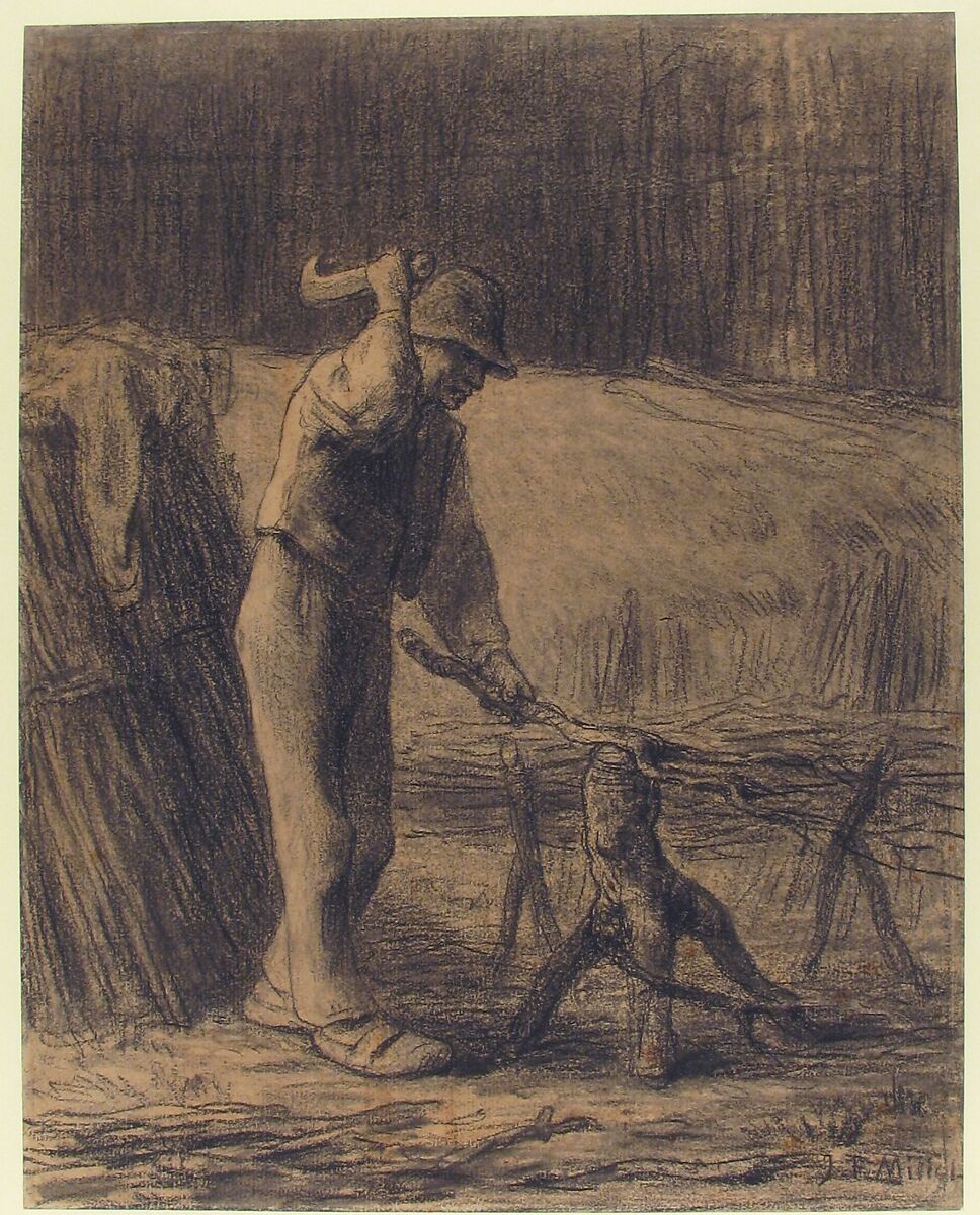 Woodcutter Trimming Faggots, Jean-François Millet (French, Gruchy 1814–1875 Barbizon), Conté crayon with stumping on beige laid paper