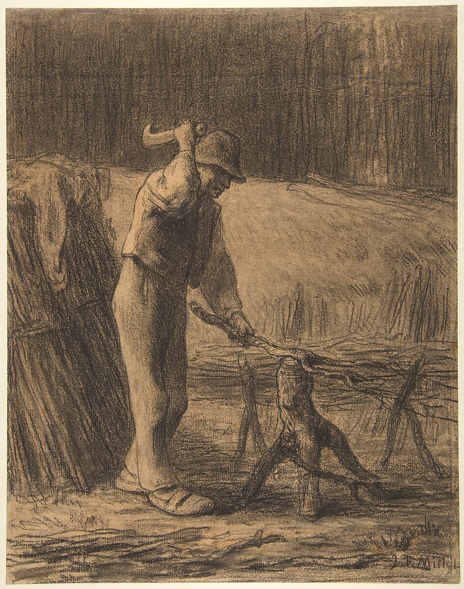 Woodcutter Trimming Faggots, Jean-François Millet (French, Gruchy 1814–1875 Barbizon), Conté crayon with stumping on beige laid paper 