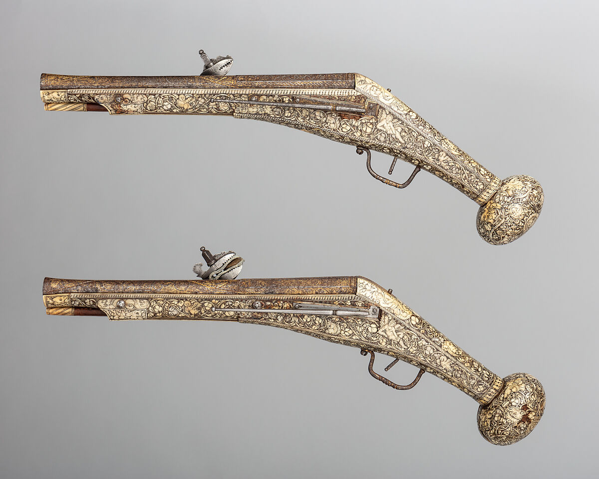 Pair of Wheellock Pistols, Wood (cherry), steel, gold, bone, German