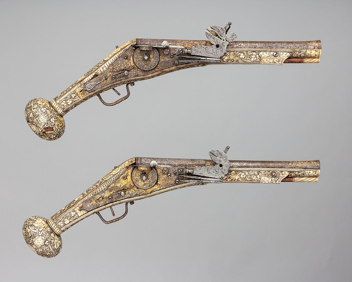 Pair of Wheellock Pistols, Wood (cherry), steel, gold, bone, German 