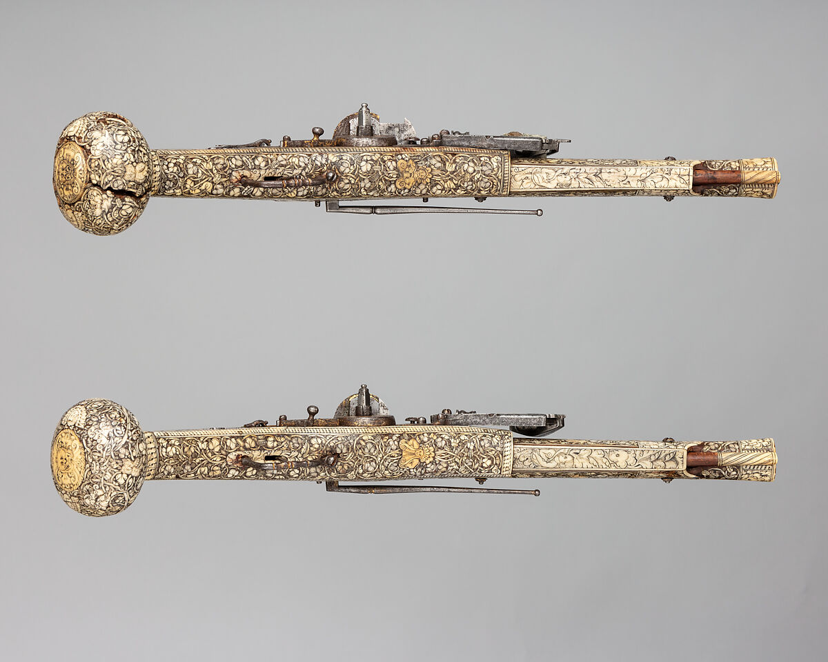 Pair of Wheellock Pistols, Wood (cherry), steel, gold, bone, German