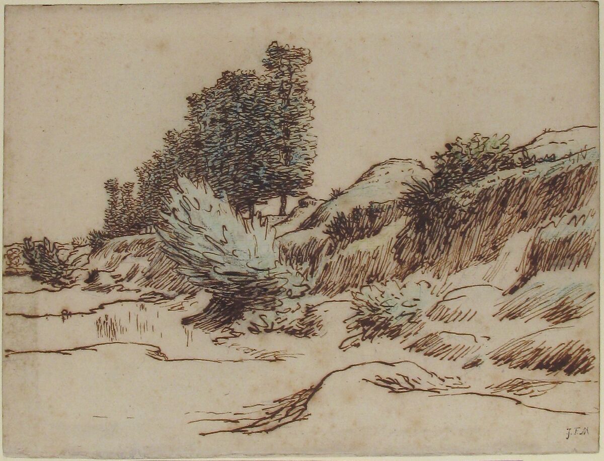 Landscape, Vichy, Jean-François Millet (French, Gruchy 1814–1875 Barbizon), Pen and brown ink over graphite. Blue, black and green chalk on laid paper (watermark:  bunch of grapes)