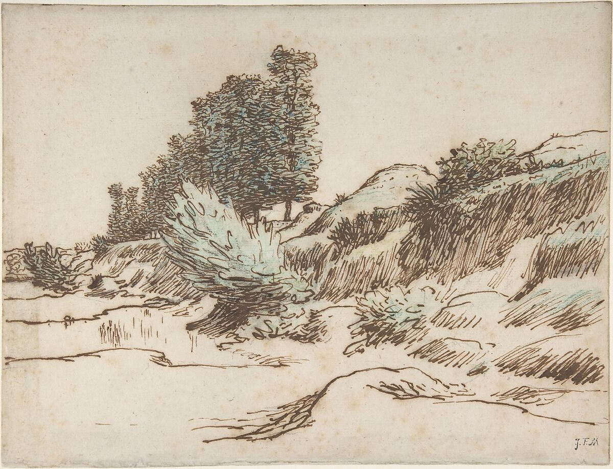 Landscape, Vichy, Jean-François Millet (French, Gruchy 1814–1875 Barbizon), Pen and brown ink over graphite. Blue, black and green chalk on laid paper (watermark:  bunch of grapes) 