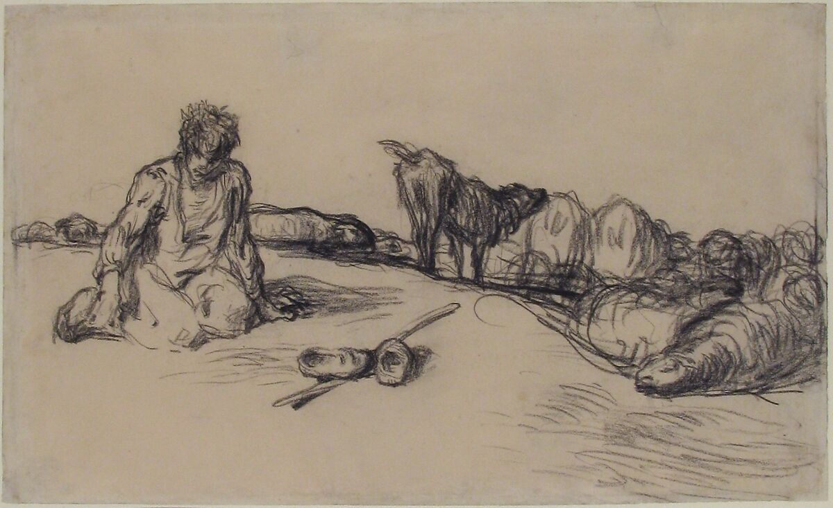 A Seated Shepherd with His Dog and Sheep, Jean-François Millet (French, Gruchy 1814–1875 Barbizon), Conté crayon on wove paper