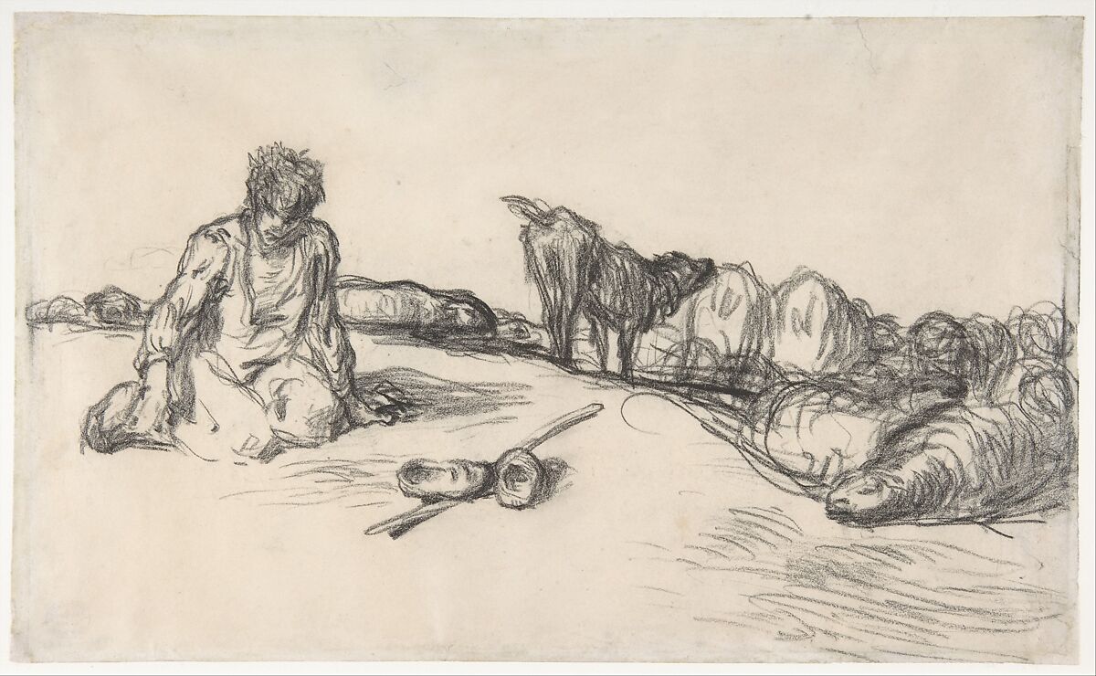 A Seated Shepherd with His Dog and Sheep, Jean-François Millet (French, Gruchy 1814–1875 Barbizon), Conté crayon on wove paper 